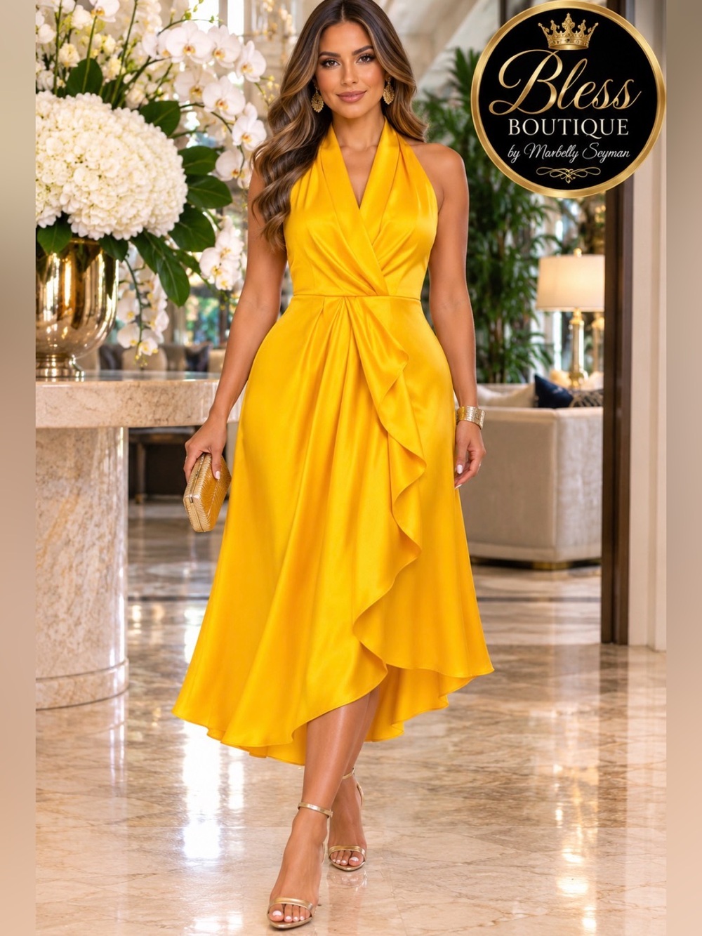 NWT Alex Marie Hazel Sunshine Satin Halter Asymmetrical Midi Dress Size 8